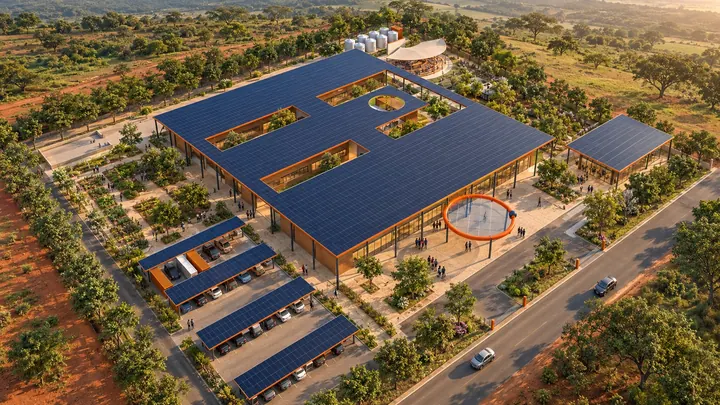 Artistic impression of a planned Thinklab regional lab from above, with a solar roof, courtyards and solar carports