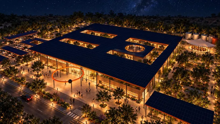 Artistic impression of a planned Thinklab regional lab at night, lit and running on stored solar power