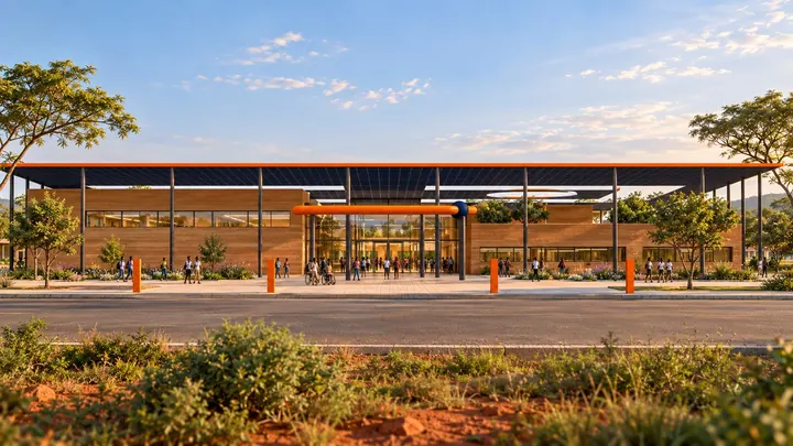 Artistic impression of the front of a planned Thinklab regional lab, with a long solar roof
